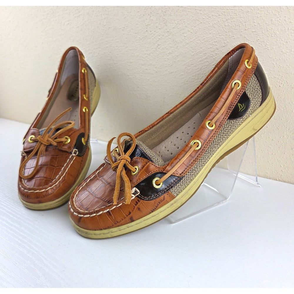 Sperry Top-Sider Angelfish Boat Shoes Croc Leather Canvas Brown Womens Size 8.5M